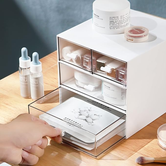 Makeup Organizer, Desk Organizer with 4 Drawers, Sundries Storage，Vanity Organizer, Cosmetic Storage Organizer, Desk Storage Box, Bathroom Counter or Dresser, White QBH-4CT-1