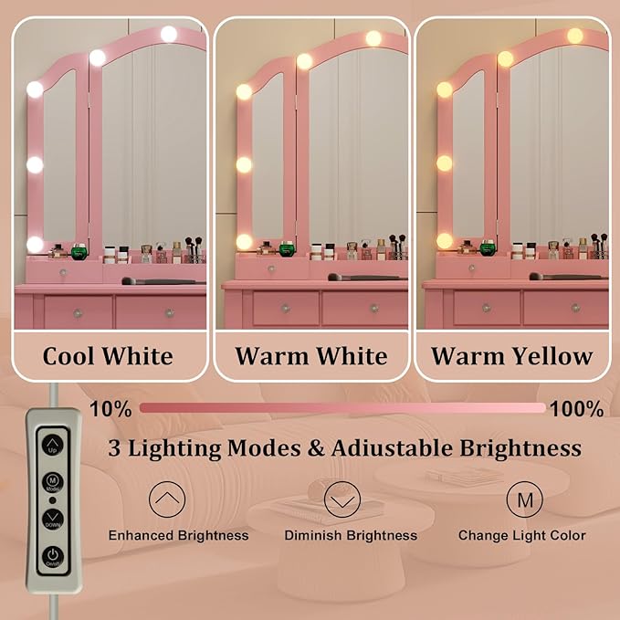 Pink Vanity Desk with Mirror and Lights for Girls Makeup Vanity Desk with Chair Vanity Table and Stool Set with 5 Storage Drawers 3 Colors Lighting Modes Tri Fold Vanity Mirror Lighted Vanity