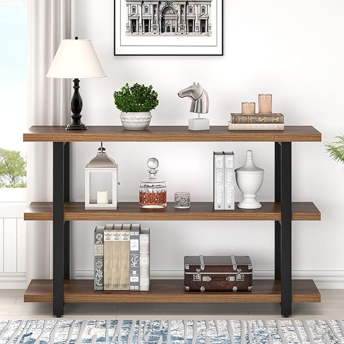 FOLUBAN Console Tables for Entryway, Modern Wood and Metal Sofa Table with Storage Shelves for Living Room, Hallway, Entrance, or Behind Couch, Rustic Walnut, 47 Inch