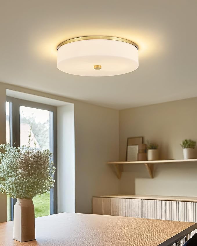 LMS Flush Mount Ceiling Light Fixture, Modern Brushed Gold Bathroom Ceiling Light with Drum Milky White Acrylic Shade, Kitchen, Living Room, LMS-192