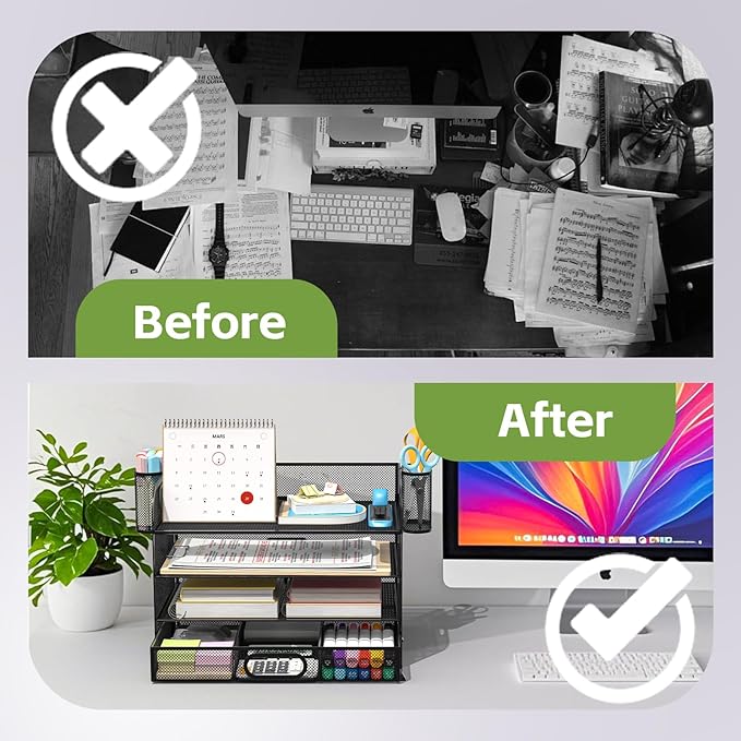 Desk Organizer and Accessories，4-tier Paper Letter Tray Organizer, Desk File Organizer with Drawers and 2 Pen Holders for School and Home Office Supplies (black)