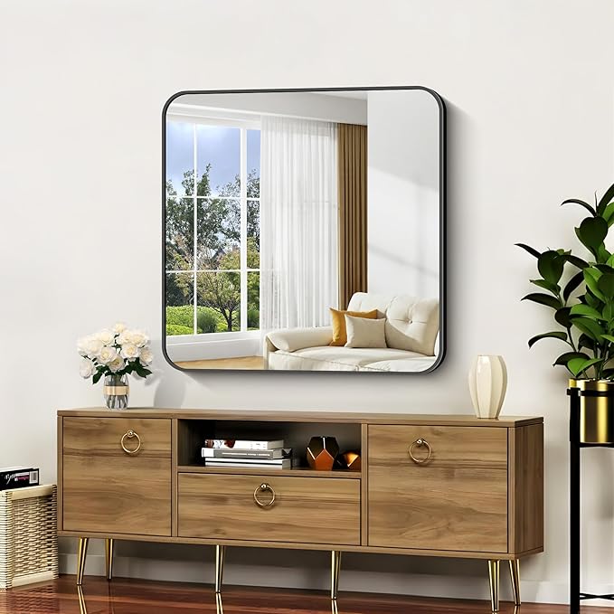 Bathroom Mirror, 36"x36" Black Square Wall Mirror, Metal Frame Rounded Corner Vanity Mirror, Large Wall Mounted Mirror for Modern Bedroom Living Room Horizontal Or Vertical Mounting