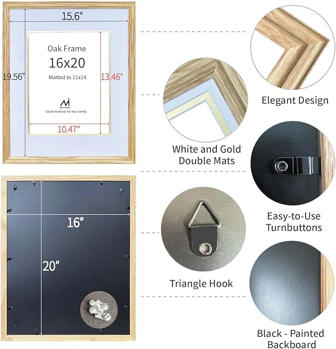 16x20 Picture Frame Matted to 11x14 ,16*20 Solid Oak Wood Picture Frames, 16 by 20 Premium wooden Photo Frame with Real HD Tempered Glass ,Ideal for Home Decor, Art Gallery , Vertical & Horizontal Wall Hanging Display，Oak Color, 1 Pack