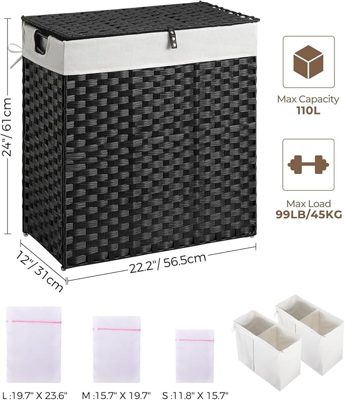 Greenstell Laundry Hamper with lid, No Install Needed, 110L Wicker Laundry Baskets Foldable 2 Removable Liner Bags, 2 Section Clothes Hamper Handwoven Rattan Laundry Basket with Handle, Black