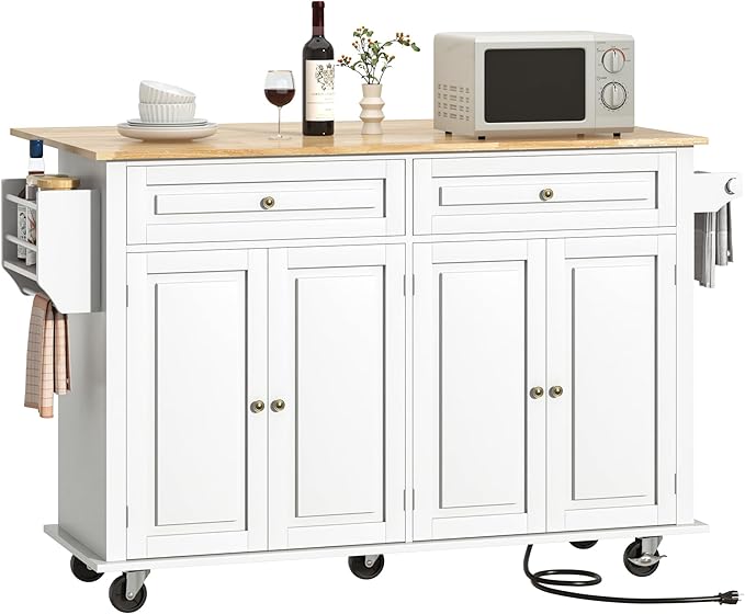 59.1" Movable Kitchen Island with Drop Leaf and Power Outlet, Rolling Island Cart w/Storage Cabinet, Island Table on Wheels for Kitchen w/2 Drawers, Spice Rack, Towel Bar, Garage Hook, White