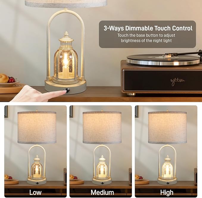 Farmhouse Lantern Table Lamps for Living Room Set of 2,Rustic Vintage Bedroom Nightstand Beside Desk Lamp with 2 USB Charging Ports,Dimmable Touch Night Light,4 Bulbs Included (White)
