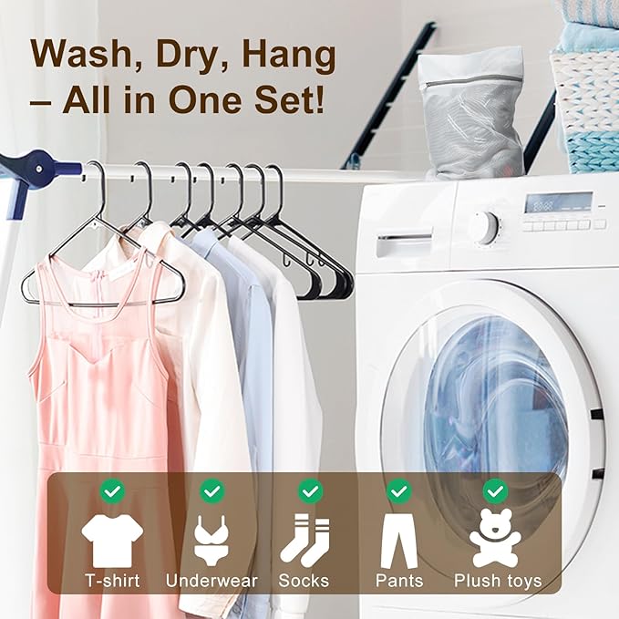 HOUSE DAY Black Plastic Hangers 60 Pack & Medium Mesh Laundry Bags 3 Pack - Space-Saving & Non-Slip Clothes Hangers with Hooks + Delicates Wash Bags Pefect for Closet Storage and Organization
