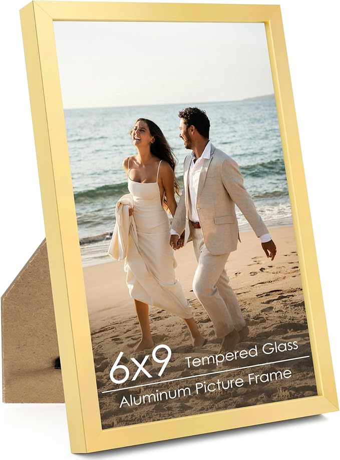 6x9 Metal Picture Frame - Gold Aluminum Picture Frames with Real Glass, Wall Mounting Horizontally or Vertically, Simple and Elegant Decor for Wall Gallery Poster Photo 9x6 Frames, Gold