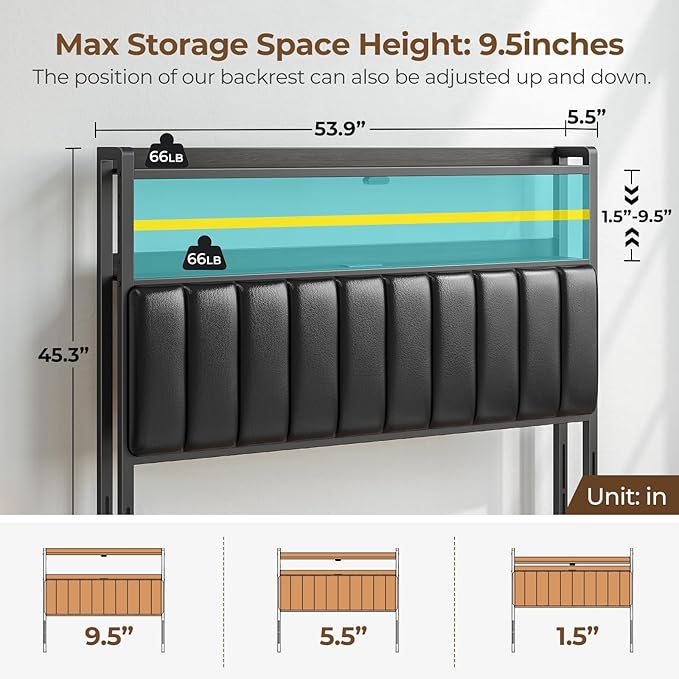 Rolanstar Headboard for Full Size Bed with Storage, 60,000 DIY Color of LED Light, Head Board with USB & Type C Port, Height Adjustable, Black Upholstered Cabeceras de Cama Comfortable Modern, Leather