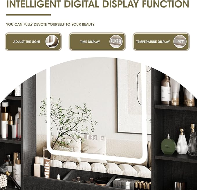 Vabches Black Vanity Desk, Vanity Mirror with Lights, Makeup Desk with Stool, Makeup Table with Large Storage Drawers and Shelves, Time and Temperature Display, 3 Led Lighting Modes Adjustable