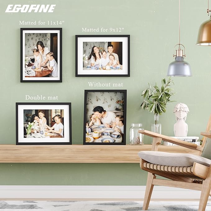 Egofine 12x16 Picture Frame Black Covered by Plexiglass Made of Solid Wood, Display Pictures 9x12 and 11x14 with Mat or 12x16 Without Mat for Wall Mounting Photo Frame