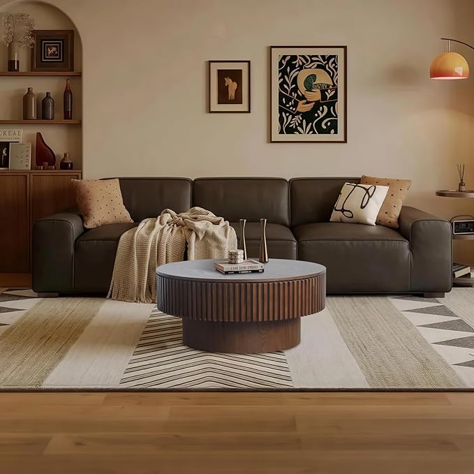 Round Coffee Table for Living Room,Fluted Drum Accent Tea Center Table with Storage,Circle Modern Coffee Tables for Small Space Office Apartment (31.5" L×31.5''W×14''H-Walnut)