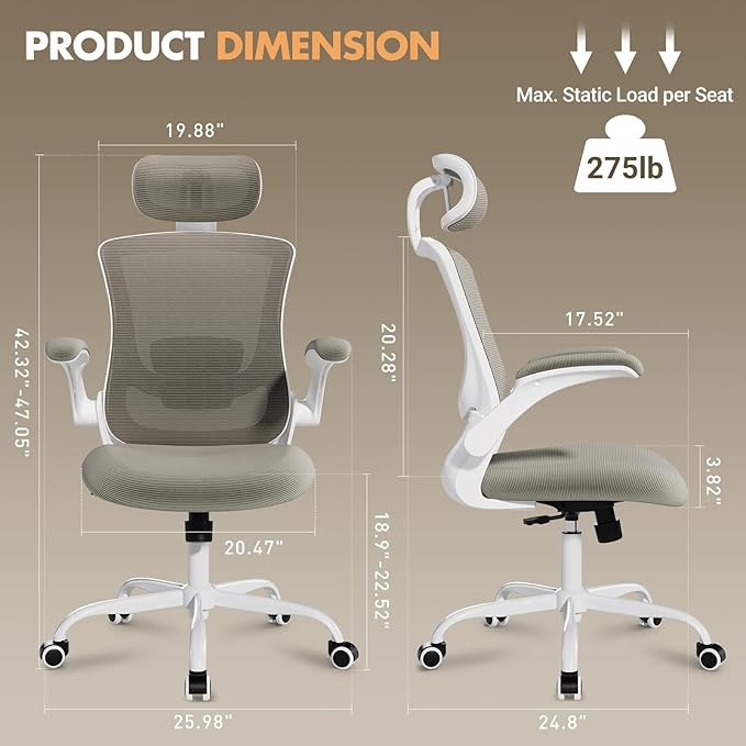 Ergonomic Office Chair with Adjustable Lumbar Support & Headrest, High Back Mesh Desk Chair with Flip-Up Armrests, Breathable & Comfortable Computer Chair for Home, Office & Study –Khaki