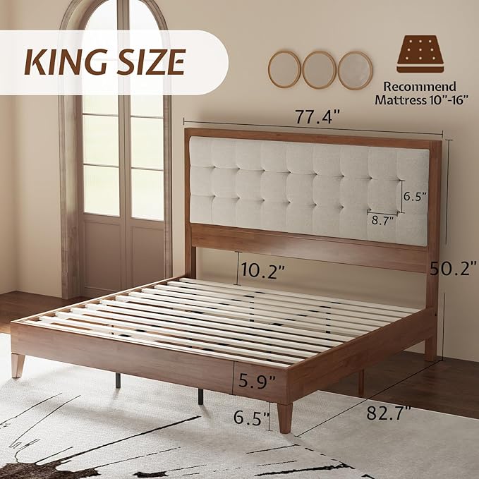 Jocisland Wood King Size Bed Frame,Tall Upholstered Tufted Headboard, Solid Wood Platform, No Box Spring Needed, Walnut