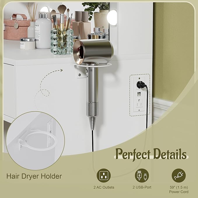 YESHOMY Vanity Desk with Mirror, Makeup Table with 2 Large Drawers, Power Outlet and Round Holder, 3 Color Modes Adjustable Bulb, White