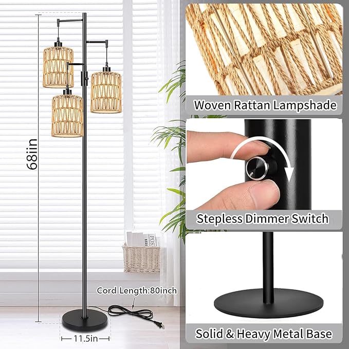 Boho Floor Lamp for Living Room Bedroom-3 Light Dimmable Floor Lamp with Three Led Bulb, Rustic Tall Lamp Black Standing Lamp Tree Floor Lamps for Living Room Bedroom,Office,Corner