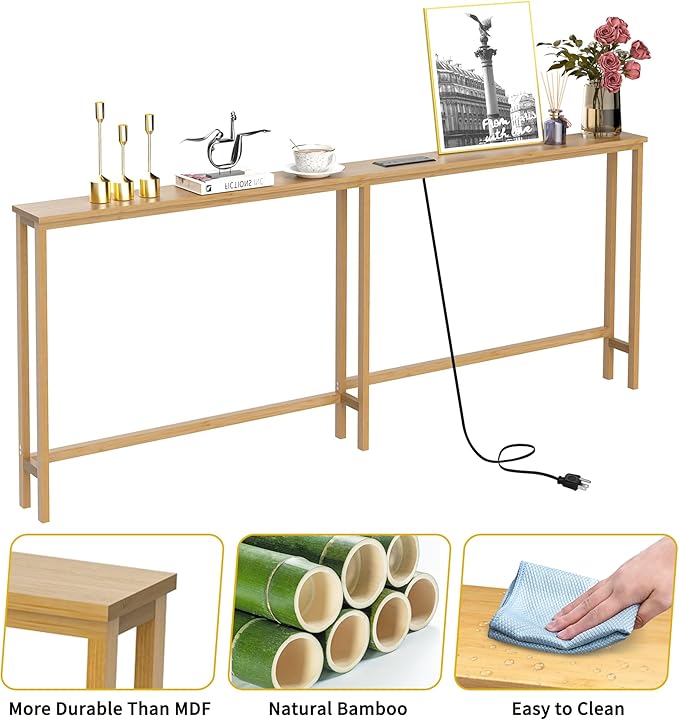 VASMIA 70.9 Inch Narrow Console Table with Outlet,Bamboo Behind Couch Sofa Table,Skinny Hallway Table for Entryway Living Room,Foyer,Natural