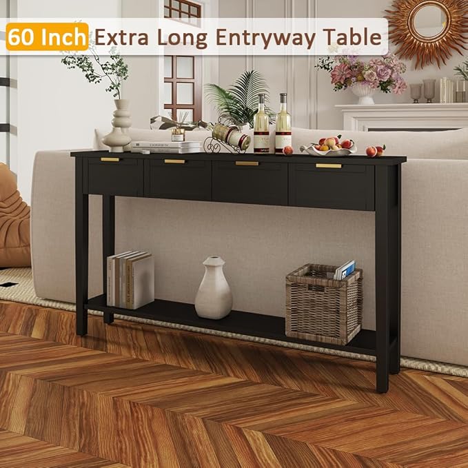 Console Tables for Entryway, 60 Inch Sofa Table w/4 Drawers and Bottom Shelf Narrow Long Hallway Table for Living Room Entryway Home, Black