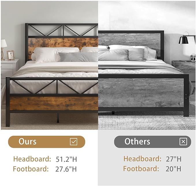 King Size Bed Frame and 51.2" Tall Headboard, King Platform Bed Frame with Headboard, Heavy Duty Metal Slats Support, No Box Spring Needed, Noise-Free, Easy Assembly, Rustic Brown