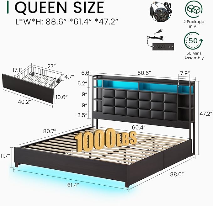 Queen Size Bed Frame with Charging Station and LED Lights Wooden Platform Bed Frame with 4 Storage Drawers and Bookcase Headboard, Faux Leather Upholstered, No Box Spring Needed, Black