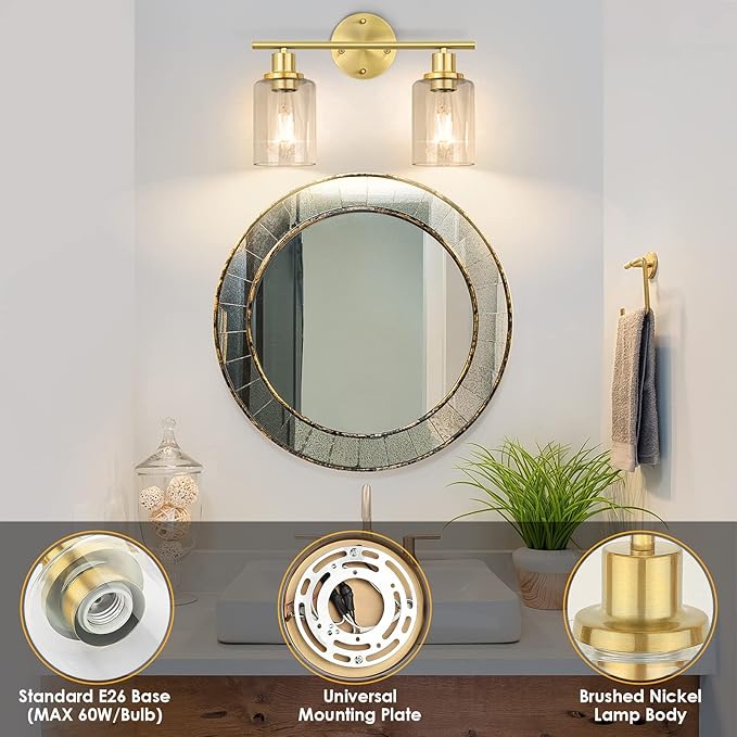 FOLKSMATE Bathroom Light Fixtures, 2-Light Brushed Brass Vanity Light, Gold Wall Sconces Lighting, Modern Bath Wall Mounted Lighting with Glass Shade, Porch Lamp for Mirror, Bedroom, Hallway