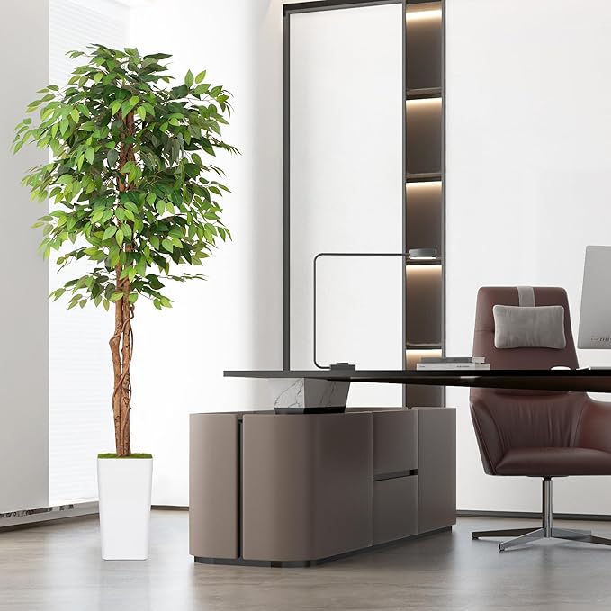 Artificial 7Ft Ficus Silk Tree with Tall Planter - Faux Plants Indoor with Natural Wood Trunk - Large Tall Fake Plants for Home Office Living Room Patio Decor