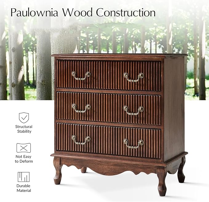 HULALA HOME Transitional Side Table with 3 Drawers and Charging Station, 28" Solid Paulownia Wood Sidetable with Vertical Stripe, Walnut