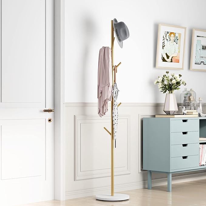 Gold Coat Racks, Metal Coat Rack Freestanding with Hooks, Entryway Coat Rack Stand, Coat Racks with Marble Base, Coat Tree for Hanging Clothes, Hats, Bags