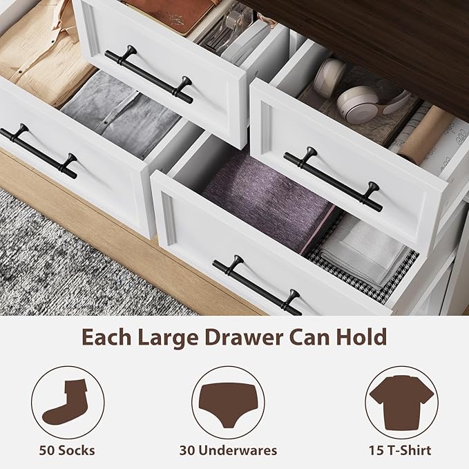 White Dresser for Bedroom, Farmhouse 10 Chest of Drawers, 59" Wide Chest of Drawers with Brushed Metal Handle, Wood Closet Organizers and Storage Cabinet for Bedroom, Living Room