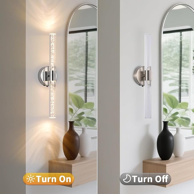 Modern LED Battery Operated Wall Sconces Set of Two, Dimmable Bathroom Crystal Wall Sconce, USB Rechargeable Brushed Nickel Vanity Wall Lamp, Bubble Wall Lights For Bedroom, Living Room. 20-Inch