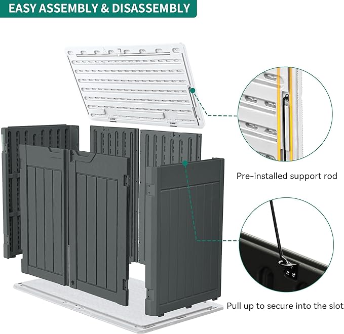 YITAHOME Large Outdoor Horizontal Storage Shed, 47 cu ft Resin Tool Shed w/o Shelf, Waterproof Outdoor Storage with Floor for Trash Cans, Garden Tools, Lawn Mower, Lockable, 4.5x2.8x3.9 ft, Dark Gray