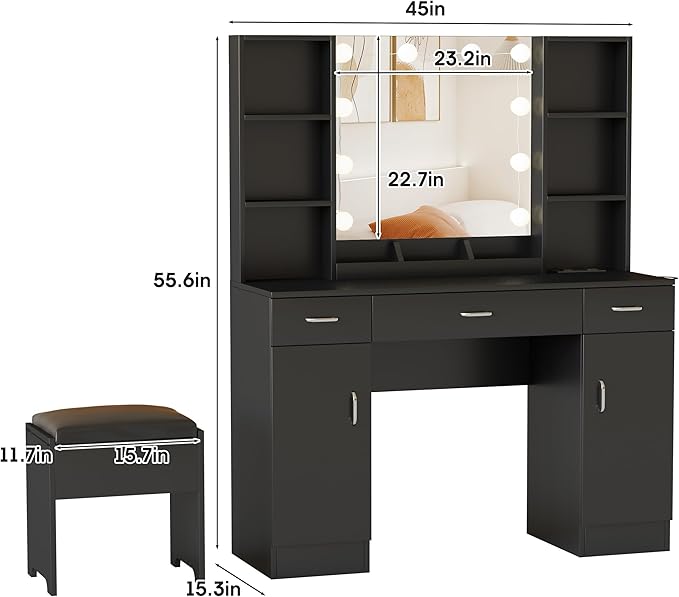 Vabches Vanity Desk with Lights and Mirror, Makeup Vanity Table with Charging Station, 45in Big Vanity Set with Lots of Storage Space, Black