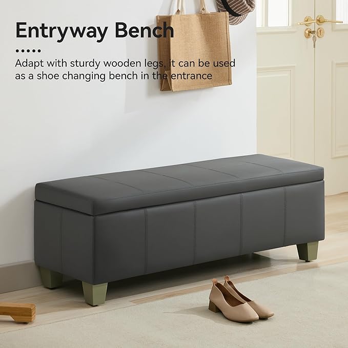 51" Faux Leather Storage Ottoman, Stitch Tufted Rectangle Upholstered End of Bed Storage Bench, Entryway Large Couch Ottoman with Wooden Legs,Dark Grey