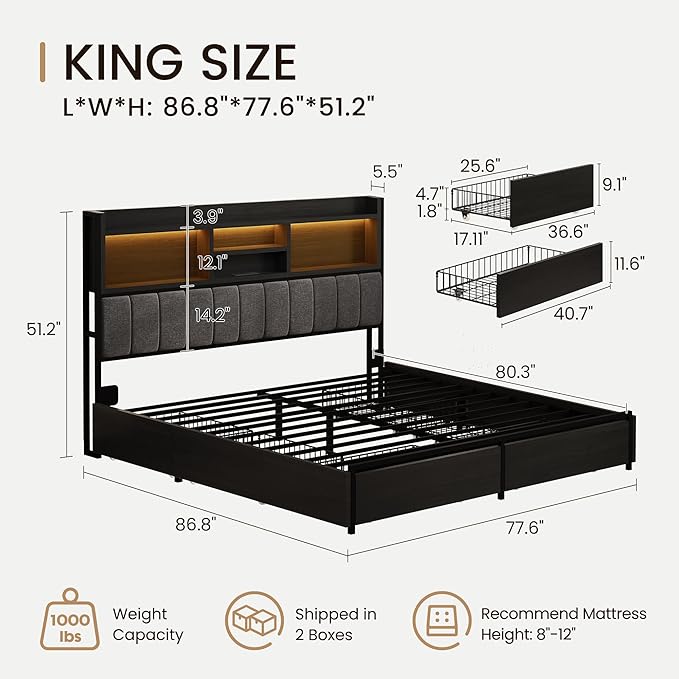 King Bed Frame with 6 Storage Drawers, Linen Upholstered Headboard, Built-in USB Charging Station & LED Lighting, Silent Metal Support, No Box Spring Needed, Vintage Black