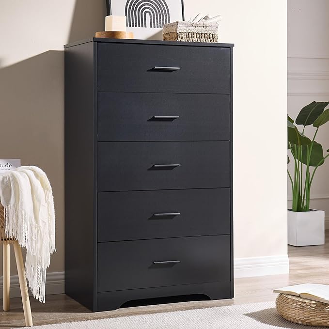 LIDYUK Dresser for Bedroom, Wood Dresser with 5 Drawers, Modern Minimalist Dressers & Chests of Drawers, 47 Inches Tall Chest of Drawers for Bedroom, Hallway, Living Room, Black