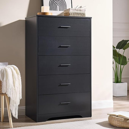 LIDYUK Dresser for Bedroom, Wood Dresser with 5 Drawers, Modern Minimalist Dressers & Chests of Drawers, 47 Inches Tall Chest of Drawers for Bedroom, Hallway, Living Room, Black