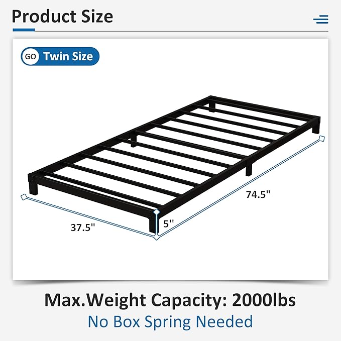 5 Inch Low Twin Bed Frames Heavy Duty Metal Platform, No Box Spring Needed, Easy Assembly Mattress Foundation, No Noise, Black