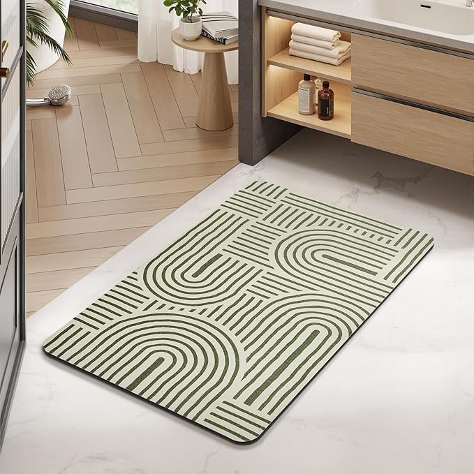 MontVoo -Bath Mat-Non Slip Thin Bathroom Rugs Fit Under Door- Quick Dry Absorbent Faux Suede Surface Grey Bathroom Floor Mats-Shower Rug for in Front of Bathtub Shower Ivory & Green Arched 16x24