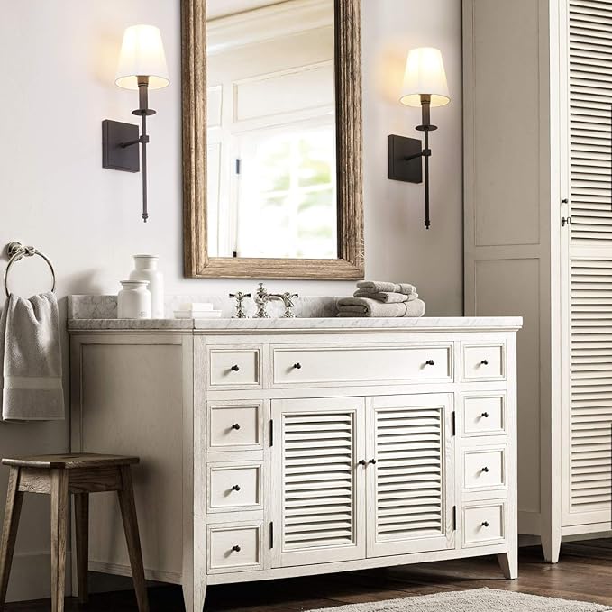 PERMO Set of 2 Classic Rustic Industrial Wall Sconce Lighting Fixture with Flared White Textile Lamp Shade and Black Tapered Column Stand, Hardwired, E26