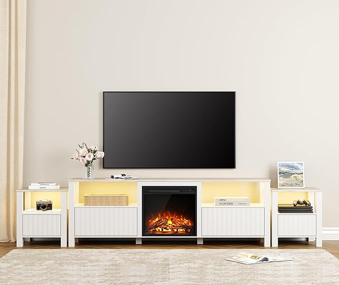 Wampat Fireplace TV Stand for TVs up to 100 Inch, Modern Entertainment Center with 8 Cubby Storage for Living Room, White