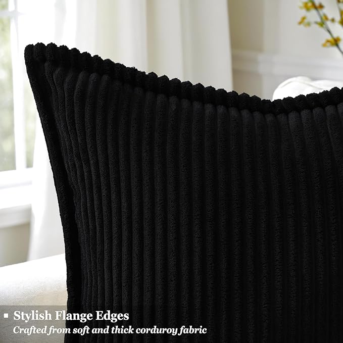 decorUhome Corduroy Black Throw Pillow Covers 12x20 Set of 2 Decorative Soft Boho Striped Lumbar Neutral Euro Farmhouse Couch Pillow Covers with Broadside for Living Room Bed Sofa