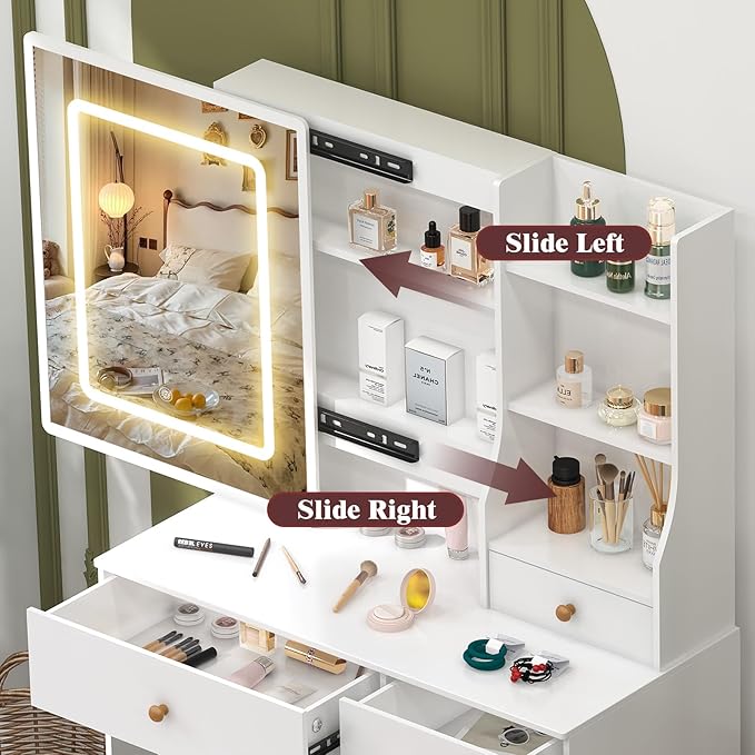 JBLCC Makeup Vanity Desk with Lighted LED Mirror, White Vanity Table with 6 Drawers & Storage Shelves, Modern Dressing Table for Bedroom, Small Vanity Set with Lights