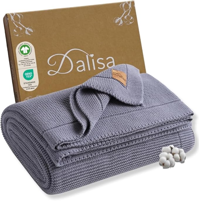 Dalisa 100% Organic Turkish Cotton Throw Blanket - GOTS Certified, Cozy - Perfect for Couch, Bed, and Home Decor - Boho Vintage Knit Alina (Grey Blue, 50x60)