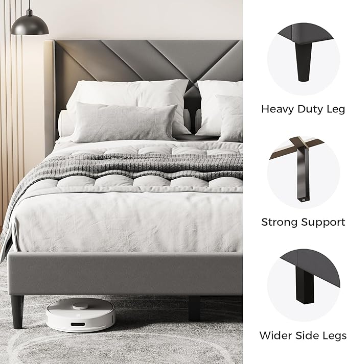Casaottima Queen Bed Frame Upholstered Platform Bed with Wingback Headboard, Sturdy Wooden Slats Support, Noise-Free Mattress Foundation, No Box Spring Needed, Easy Assembly, Arrow Pattern Smoky Grey