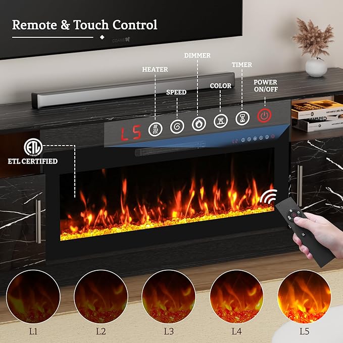 70'' TV Stand with Fireplace-Marble Black Entertainment Center for 75+ inch TV- TV Cabinet with LED Light, Storage, High Glossy Door, Modern TV Console for Living Room