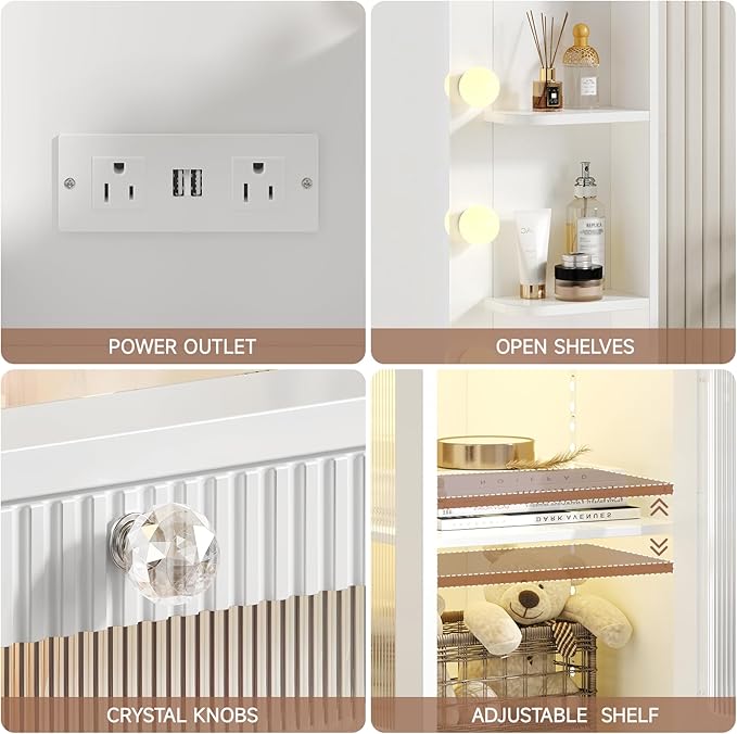 Vanity Desk with Mirror and Lights 3 Colors, 47" Glass Top Fluted Makeup Vanity Desk with Lights & Power Outlet for Bedroom, Dressing Table with 4 Lighted Drawers and 2 storage cabinets, White