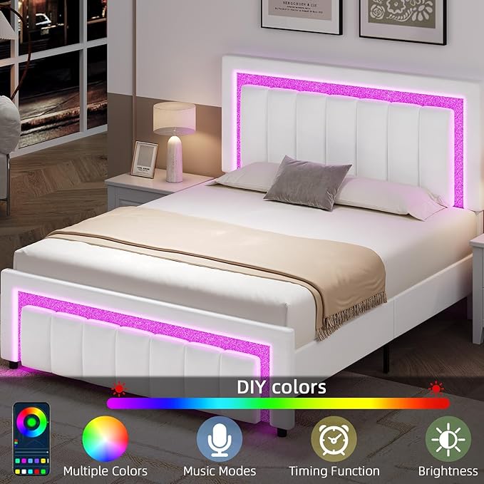 HOMBCK Bed Frame Queen Size with LED Lights and Velvet Upholstered Headboard, Queen Bed Frame with Modern Diamond Headboard Adjustable, Wooden Slats Support, Noise Free, No Box Spring Needed, White