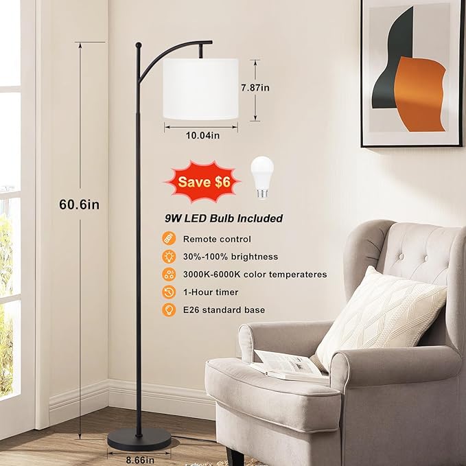 60" Floor Lamps with Remote Control & Bulb, Colors Temperature & Brightness Adjustable, White Shade & Black Pole