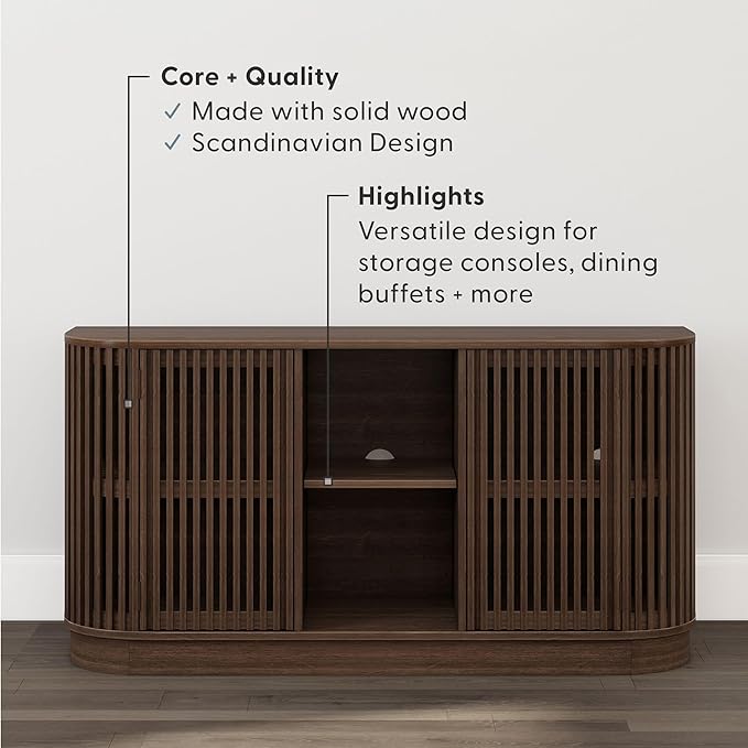 Plank+Beam Contour Wood TV Stand, Two Door Solid Wood Entertainment Console with Storage, 59" L x 16" W x 30" H, Walnut