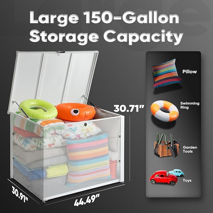 Quictent 150 Gallon Metal Outdoor Deck Box with Hydraulic Lid, Easy Assemble Waterproof Weather-Resistant Storage Bin, 660LBS Capacity for Patio/Garden/Poolside, White